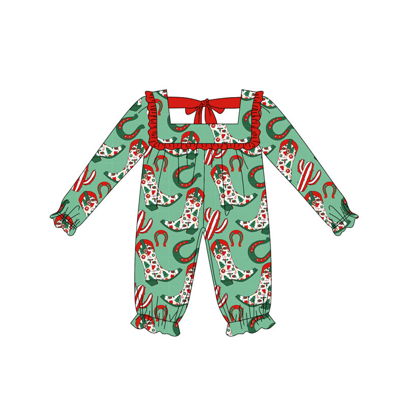 preorder LR2222 Western Christmas boot green long sleeve girls romper