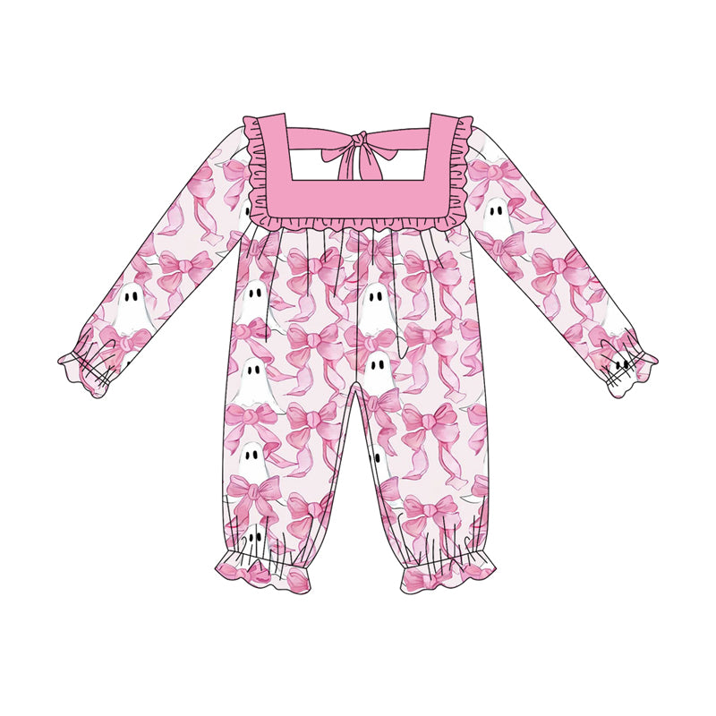 preorder LR2229 Halloween spooky pink bows long sleeve girls romper