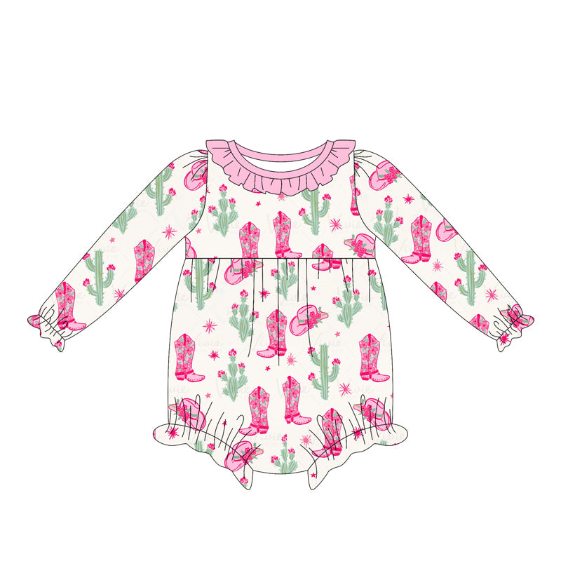 preorder LR2235 Western boot cactus hat pink long sleeve girls romper