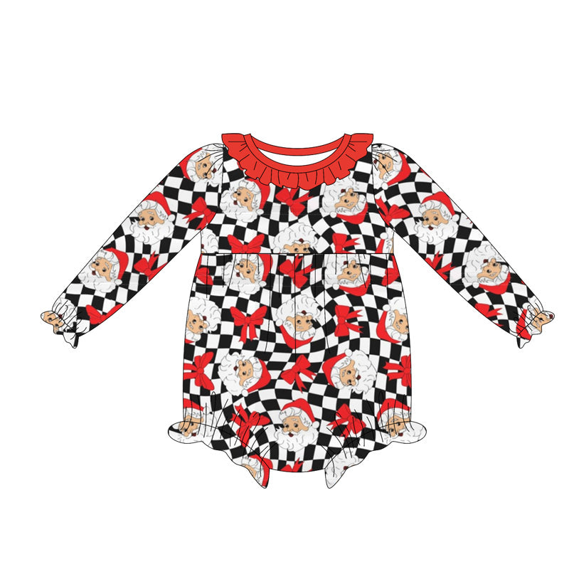 preorder LR2236 Christmas Santa bows black checkered red long sleeve girls romper