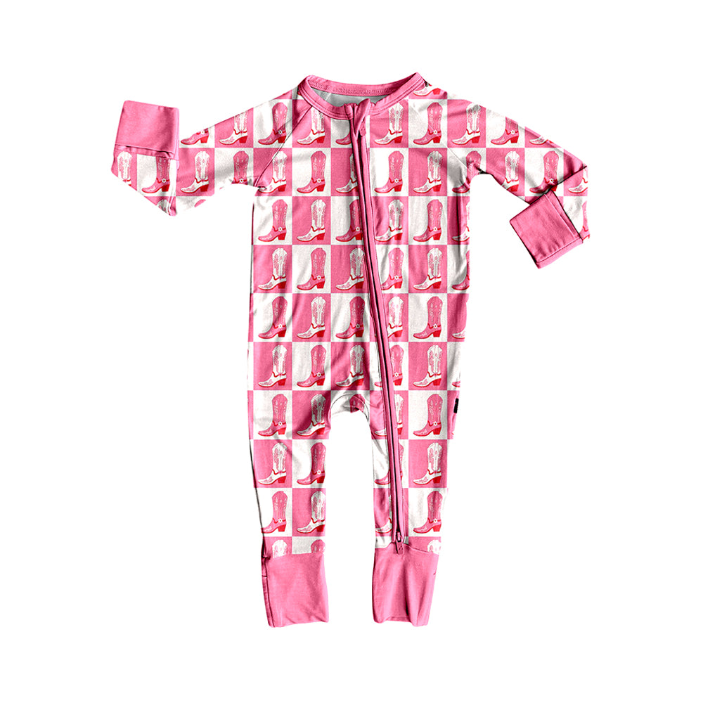 preorder LR2251 Western pink checkered boots long sleeve zipper girls romper
