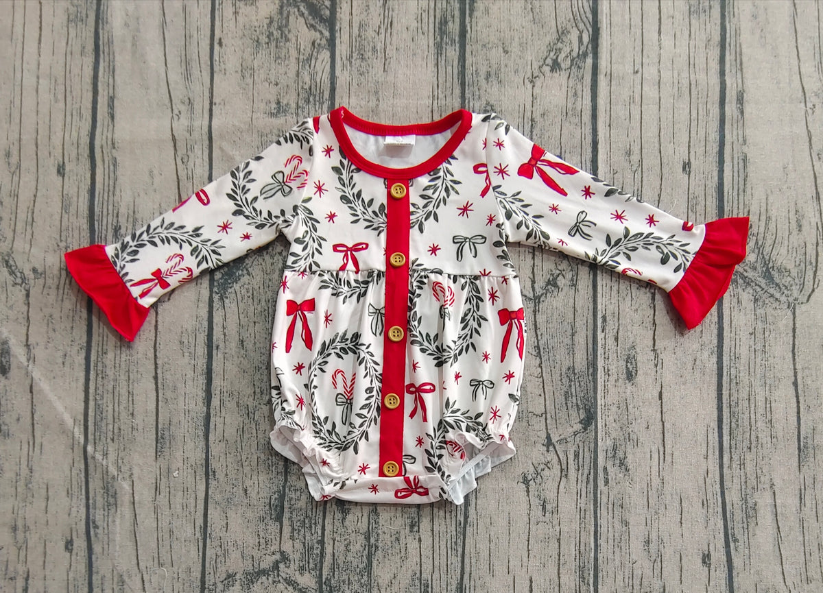 preorder LR2252 Christmas candy cane leaf red long sleeve girls romper