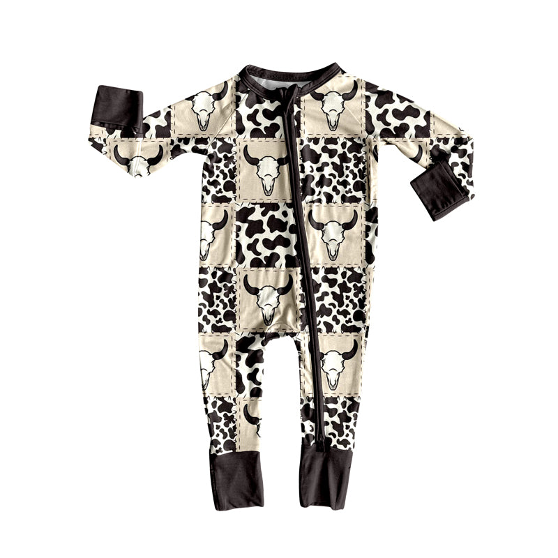 preorder LR2267 Western cow print cow black zipper long sleeve boys romper