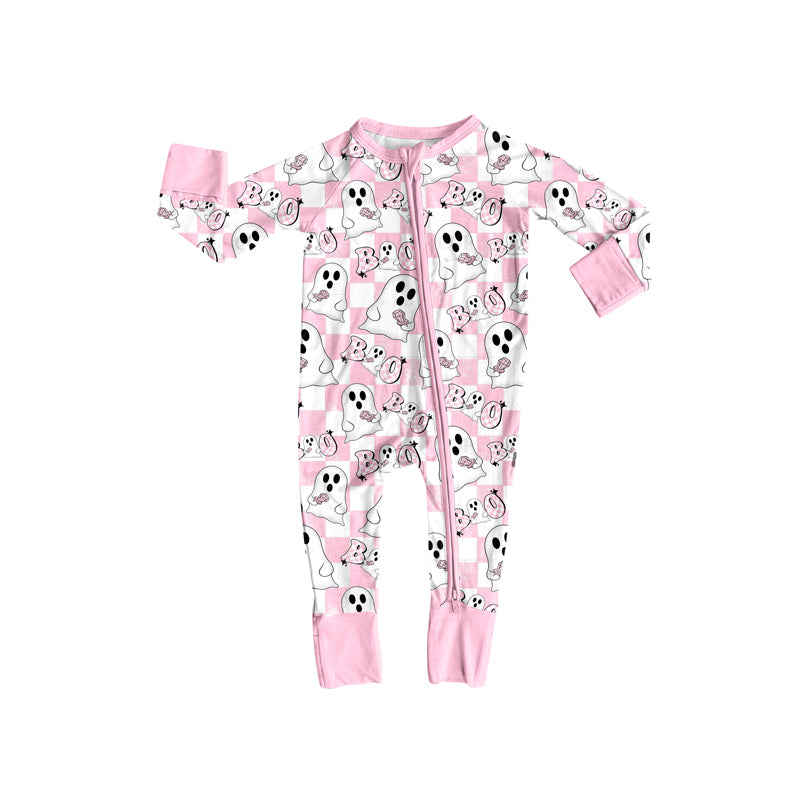 preorder LR2288 Halloween spooky pink checkered long sleeve zipper girls romper