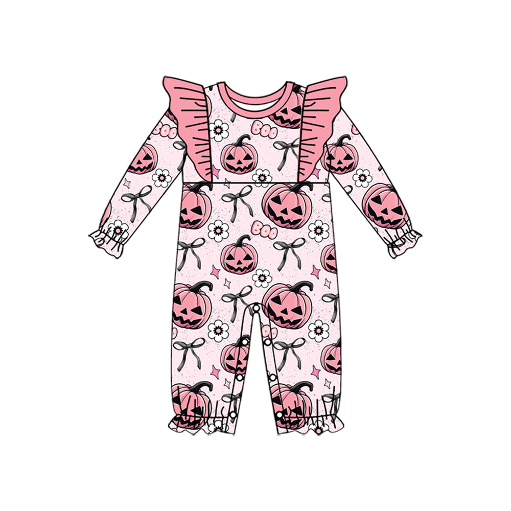 preorder LR2289 Halloween pumpkin flowers boo bows pink long sleeve girls romper