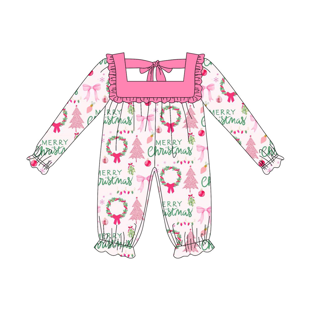preorder LR2297 Merry Christmas tree bows hot pink long sleeve girls romper