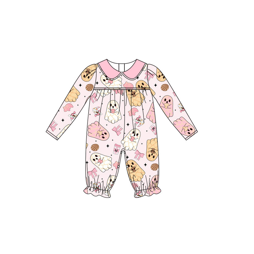preorder LR2337 Halloween spooky bows pink long sleeve girls romper