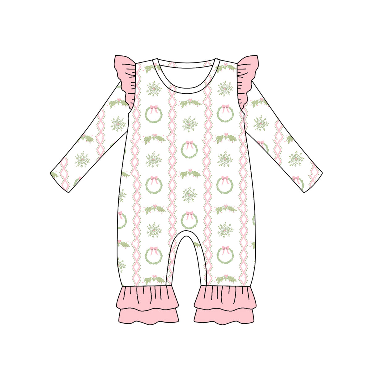 preorder LR2339 Christmas holly berry pink ruffles long sleeve girls romper