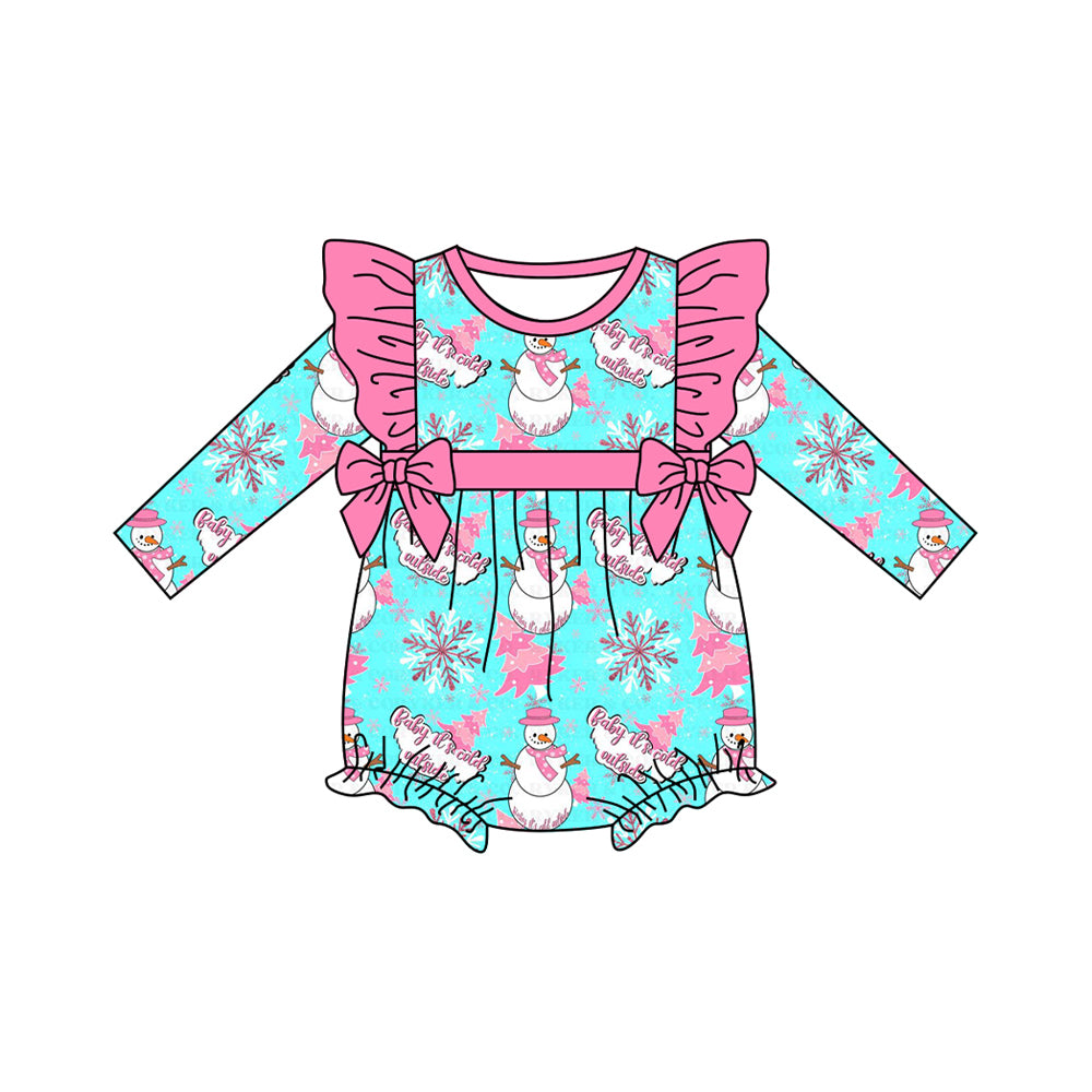 preorder LR2340 Christmas snowman hot pink bows ruffles blue long sleeve girls romper