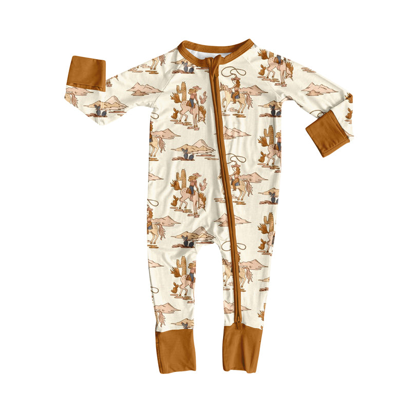 preorder LR2344 Western cactus rodeo brown long sleeve zipper boys romper