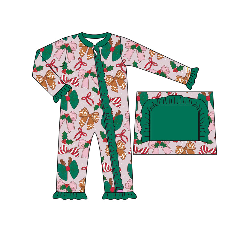 preorder LR2353 Christmas gingerbread man bows holly berry green long sleeve zipper girls romper