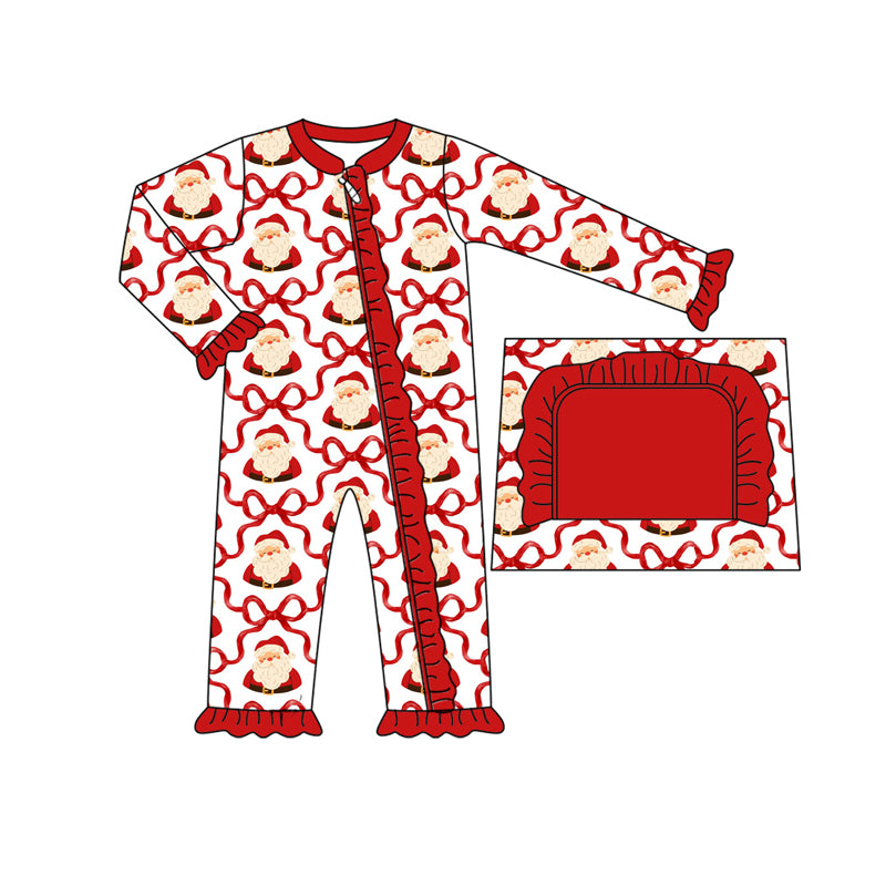 preorder LR2354 Christmas Santa bows red long sleeve zipper girls romper