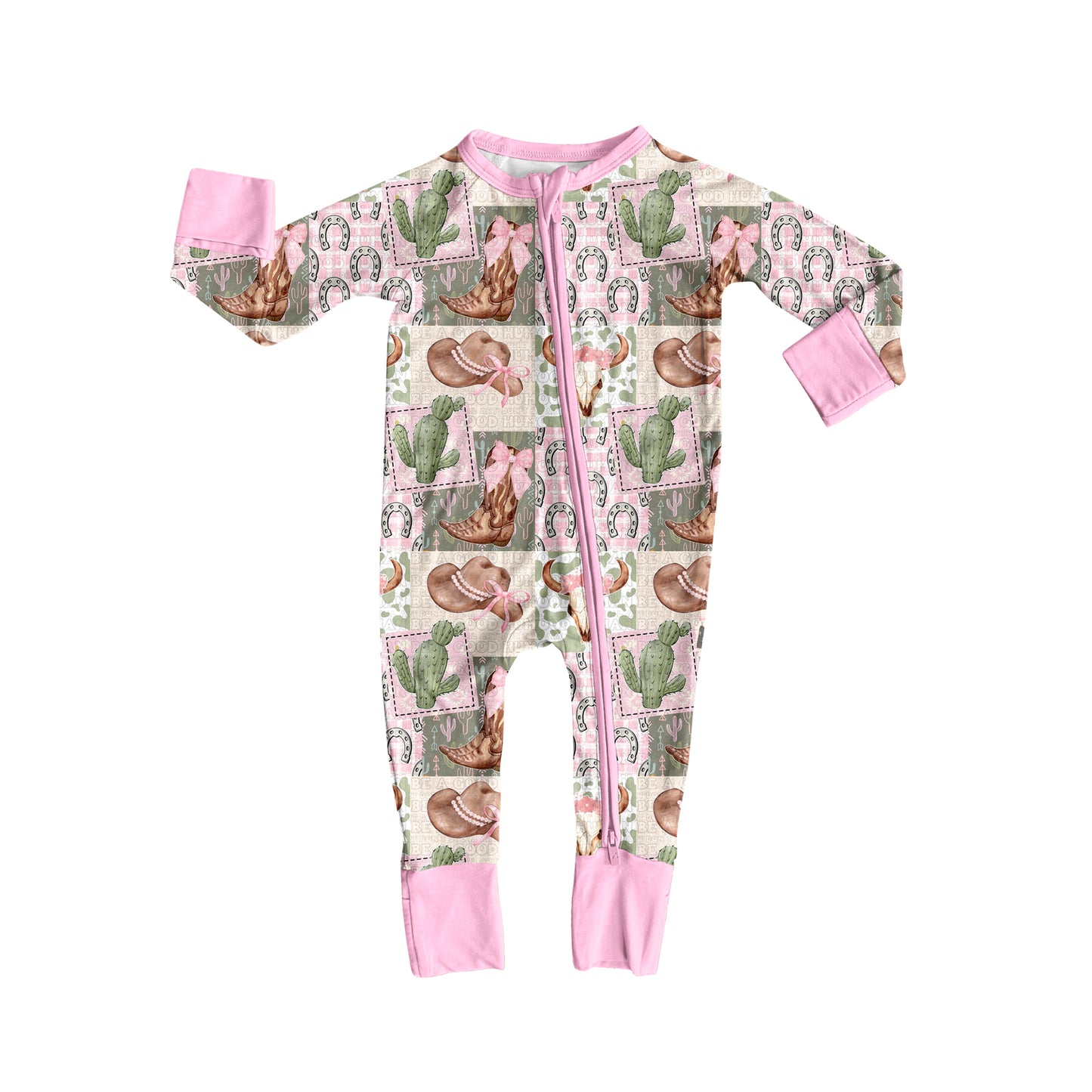 preorder LR2359 Western boot cactus hat pink bows long sleeve zipper girls romper