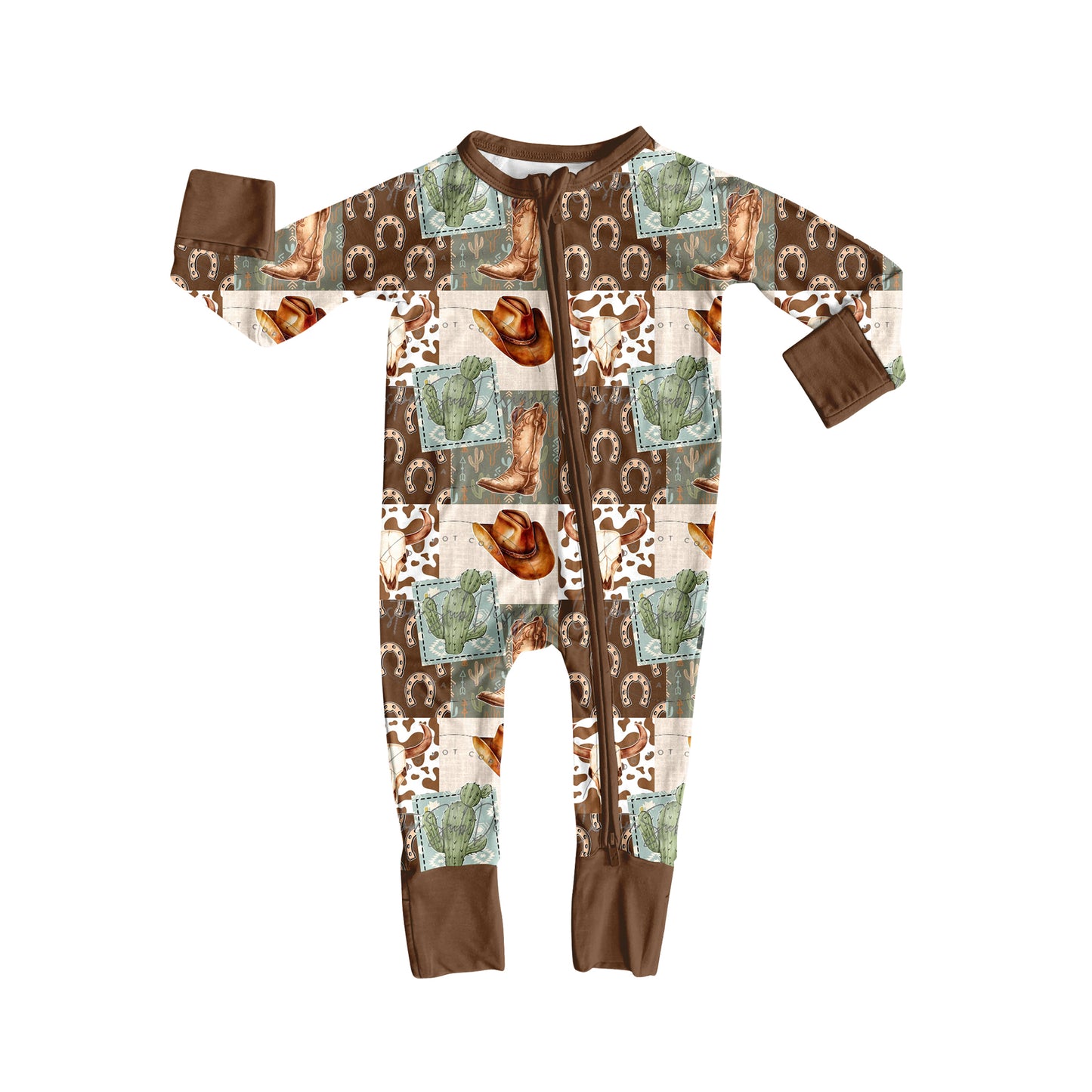 preorder LR2360 Western boot cactus hat brown long sleeve zipper boys romper