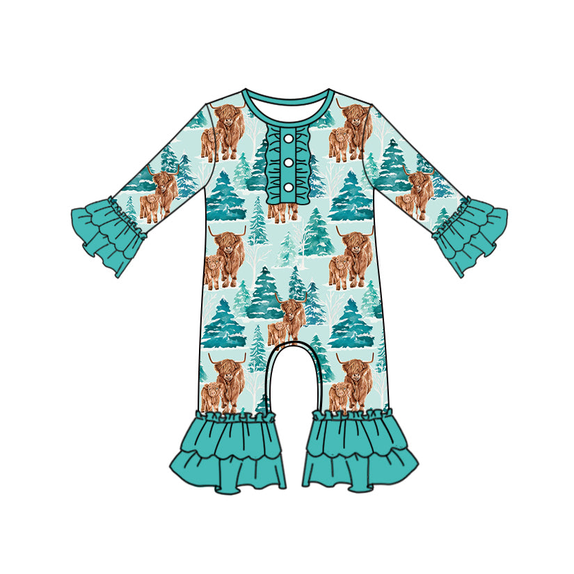 preorder LR2363 highland cow tree green long sleeve girls romper