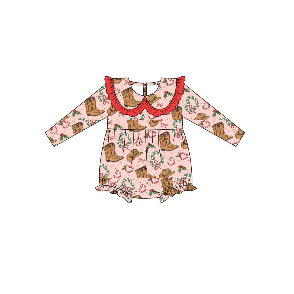 preorder LR2366 Christmas boot candy cane holly berry pink long sleeve girls romper