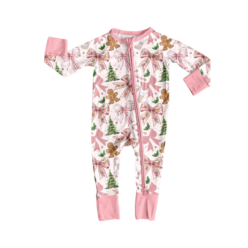 preorder LR2368 Christmas bows tree candy cane gingerbread man holly berry pink long sleeve zipper girls romper