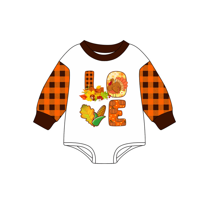 preorder LR2384 thanksgiving turkey love orange checkered long sleeve girls romper