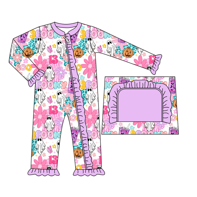 preorder LR2391 Halloween spooky flowers purple ziiper long sleeve girls romper