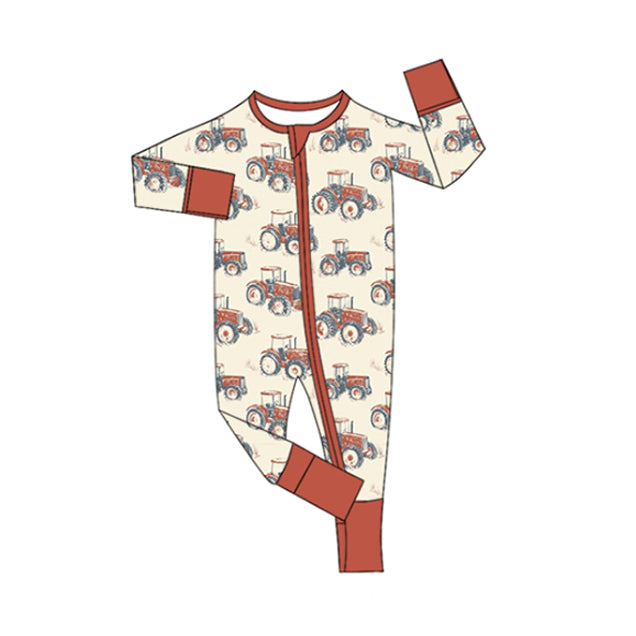 preorder LR2392 farm tractor red zipper long sleeve boys romper