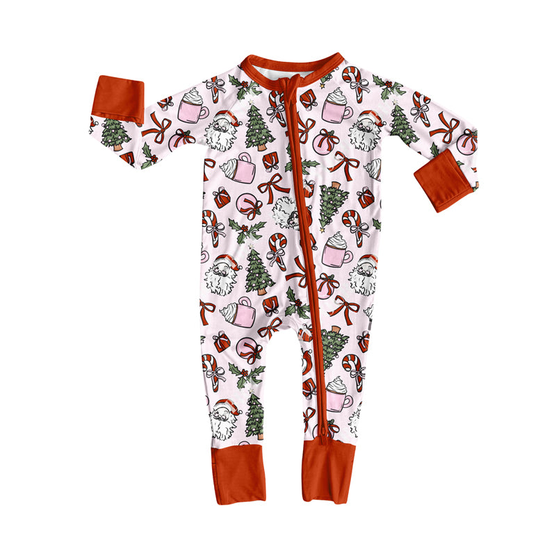 preorder LR2394 Christmas Santa holly berry bows pink/ren zipper long sleeve girls romper