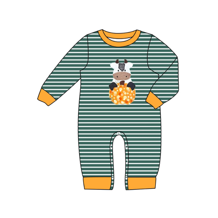preorder LR2418 farm cow pumpkin green striped long sleeve boys romper