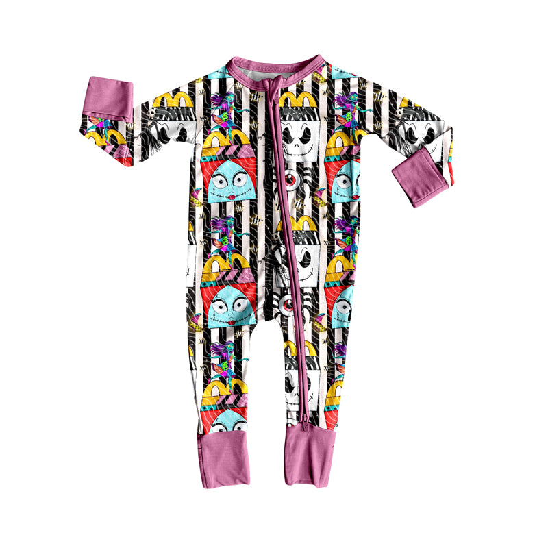 preorder LR2423 Halloween cartoon zimbie striped long sleeve zipper girls romper