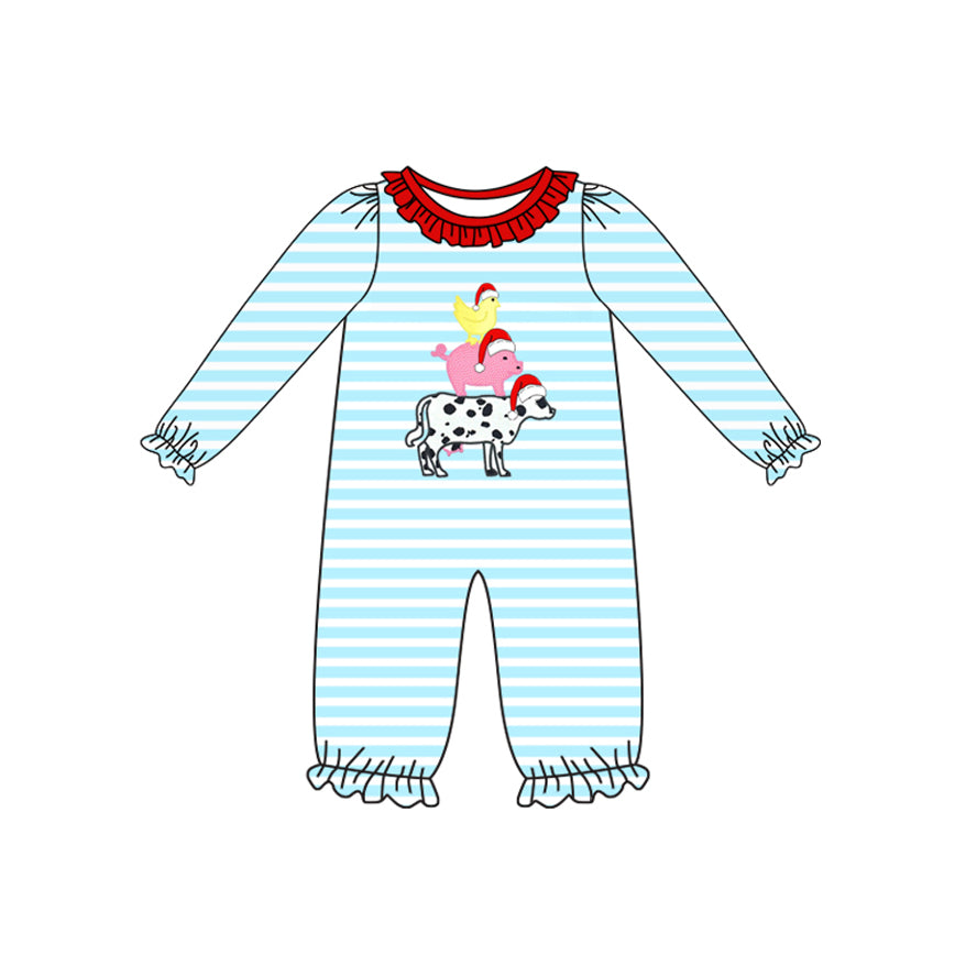preorder LR2428 Christmas hat animals pig chick dog blue striped long sleeve girls romper