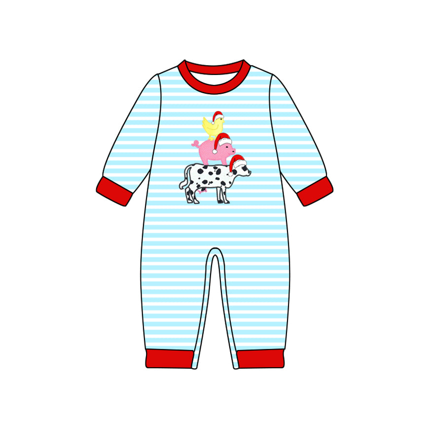 preorder LR2429 Christmas hat animals pig chick dog blue striped long sleeve boys romper