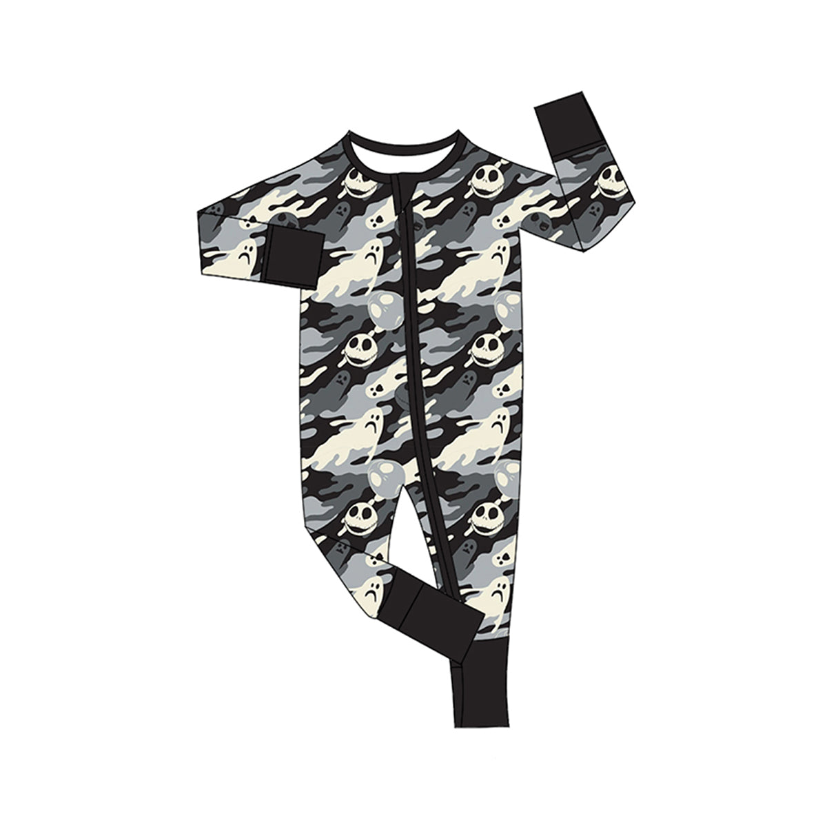 preorder LR2434 Halloween spooky grey black camo long sleeve zipper boys romper