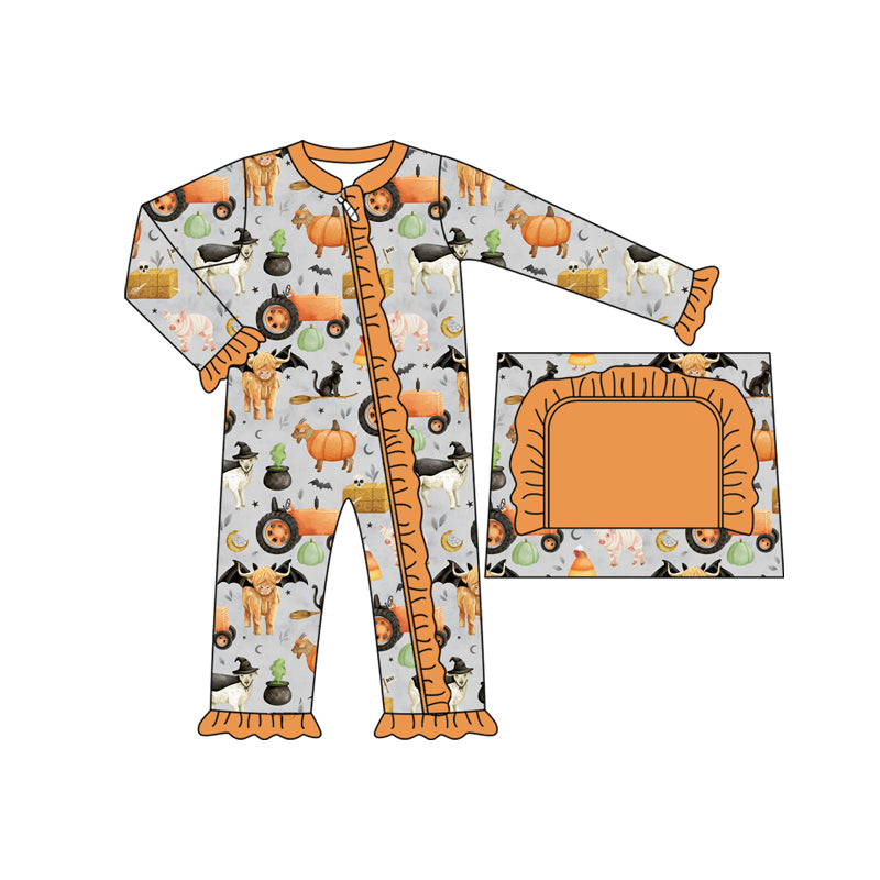 preorder LR2443 Halloween pumpkin cow tractor animals farm orange zipper long sleeve girls romper