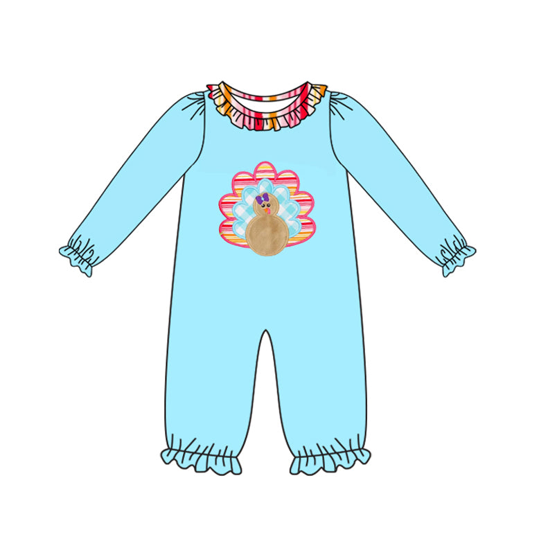 preorder LR2449 Thanksgiving turkey blue long sleeve girls romper