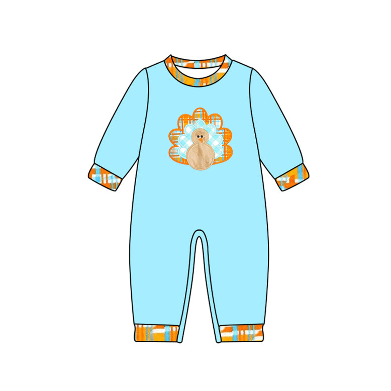 preorder LR2450 Thanksgiving turkey blue long sleeve boys romper
