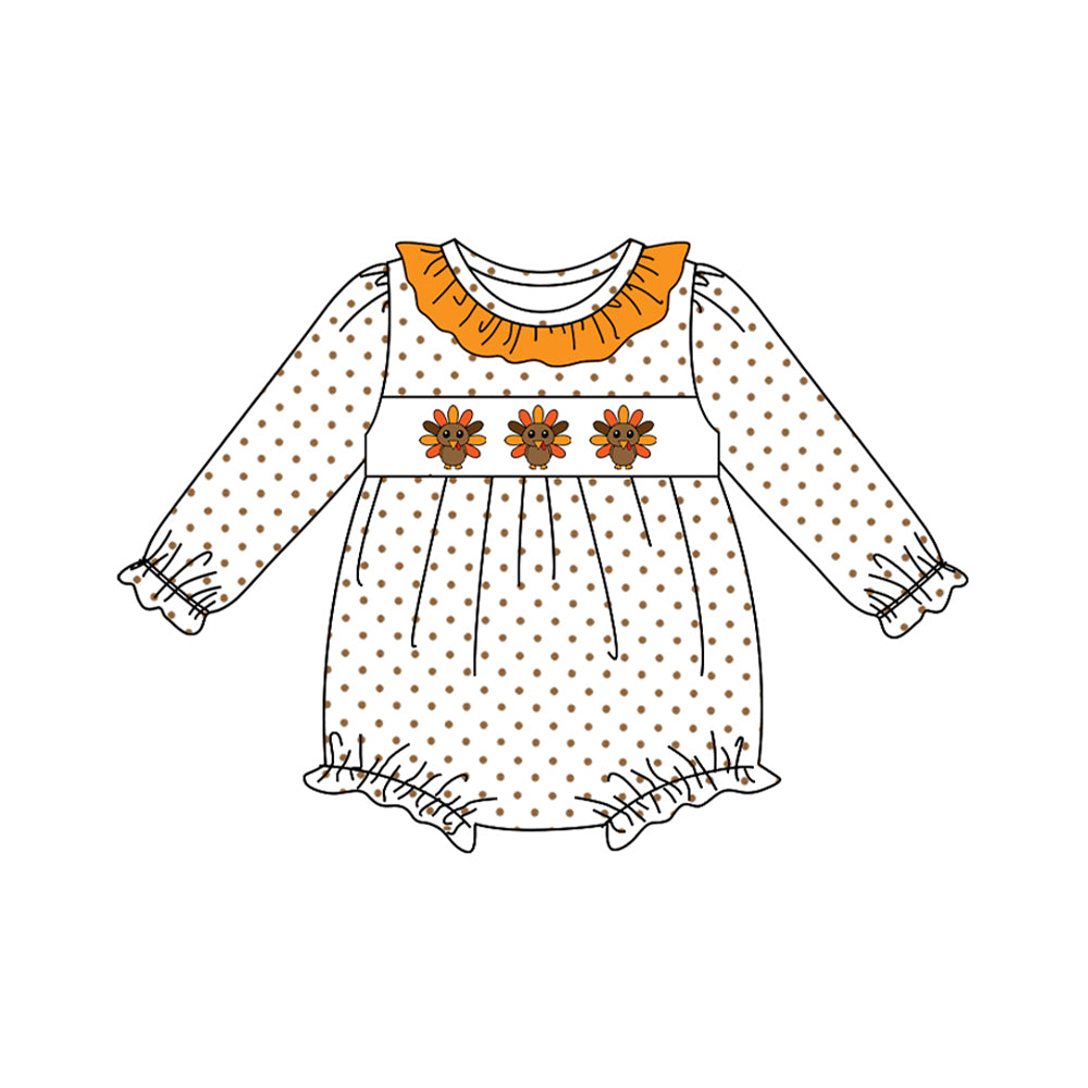 preorder LR2457 Thanksgiving turkey orange dot long sleeve girls romper