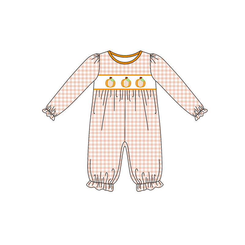 preorder LR2458 orange pumpkin checkered long sleeve girls romper