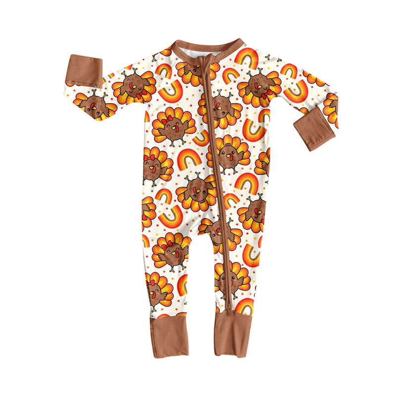 preorder LR2460 Thanksgiving turkey rainbows brown zipper long sleeve girls romper