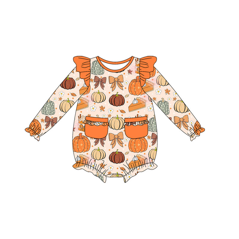 preorder LR2470 Autumn pumpkin bows pockets orange long sleeve girls romper