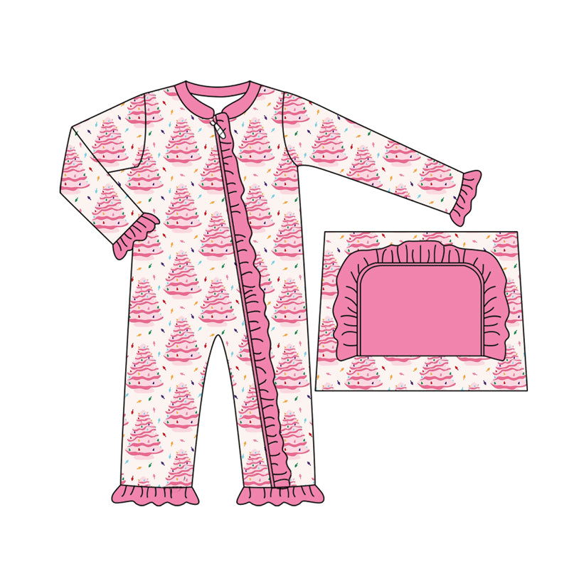 preorder LR2475 Christmas tree hot pink zipper long sleeve girls romper
