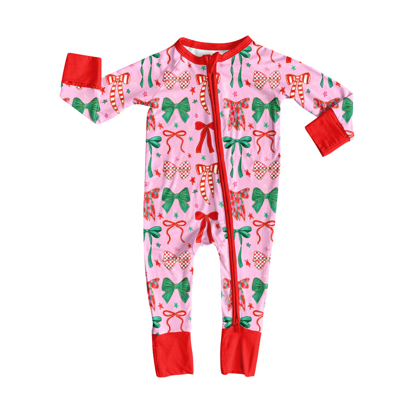 preorder LR2476 Christmas green/red bows red pink zipper long sleeve girls romper