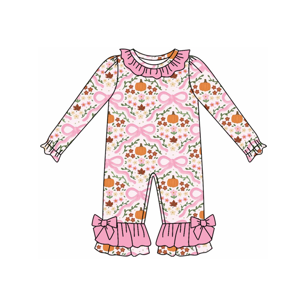 preorder LR2479 colorful flowers pumpkin bows pink long sleeve girls romper