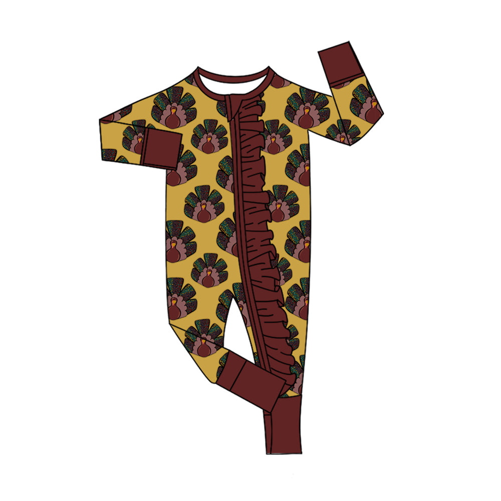 preorder LR2484 Thanksgiving turkey yellow brown zipper long sleeve girls romper