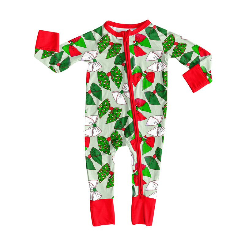preorder LR2485 Christmas green bows red zipper long sleeve girls romper