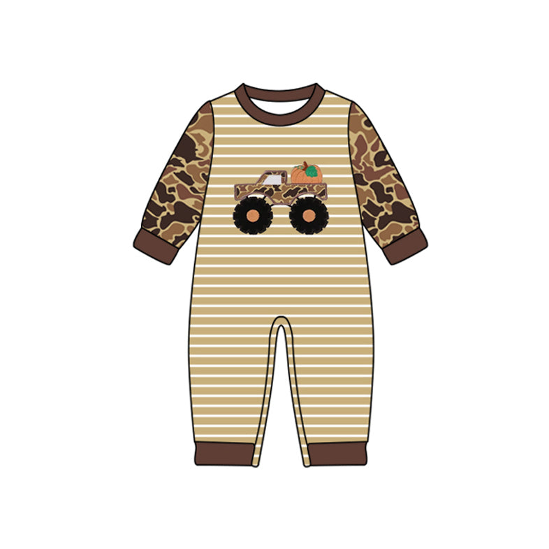 preorder LR2491 Autumn pumpkin truck brown camo long sleeve boys romper