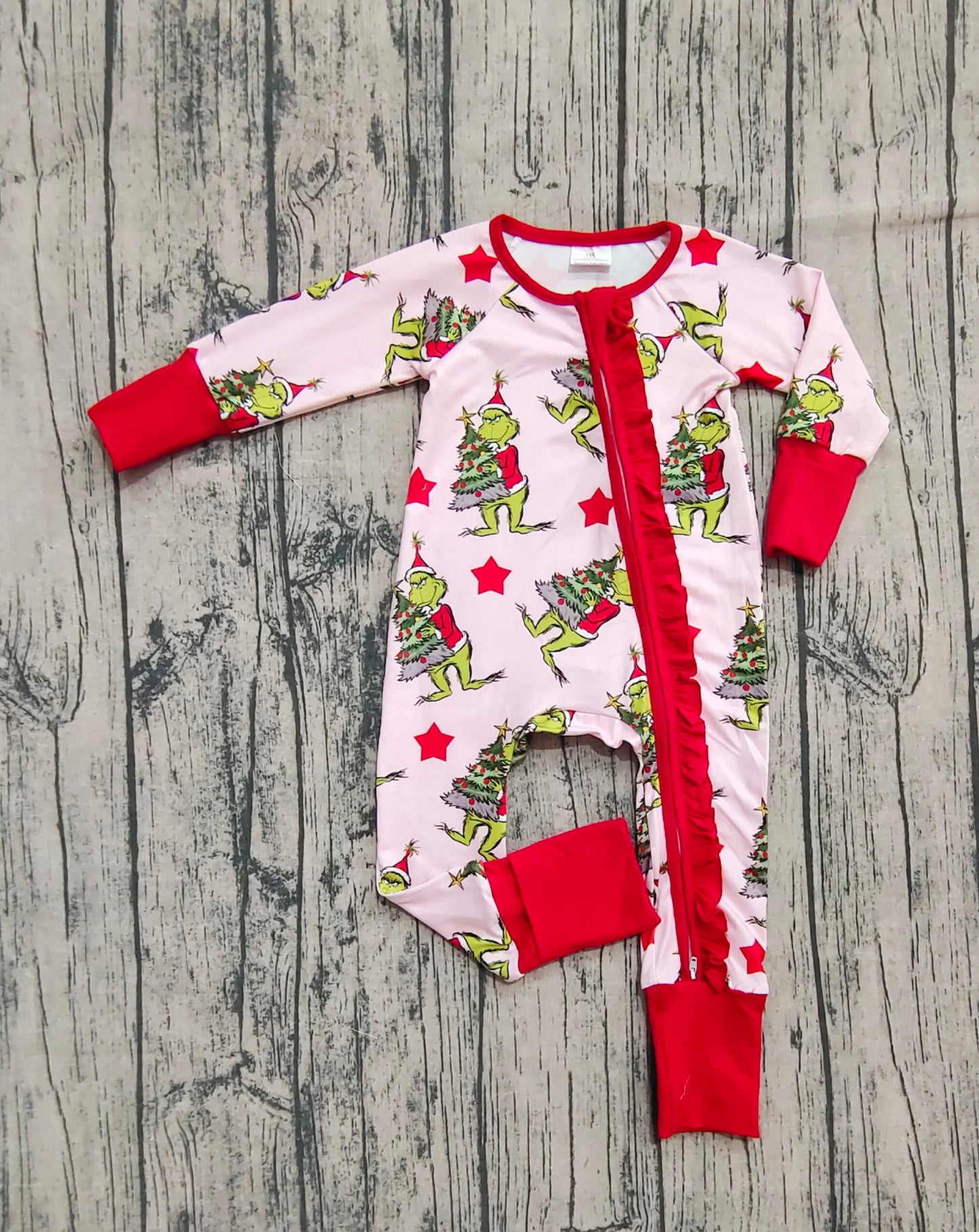 Custom moq 20 bamboo Christmas green face star red pink zipper long sleeve girls romper