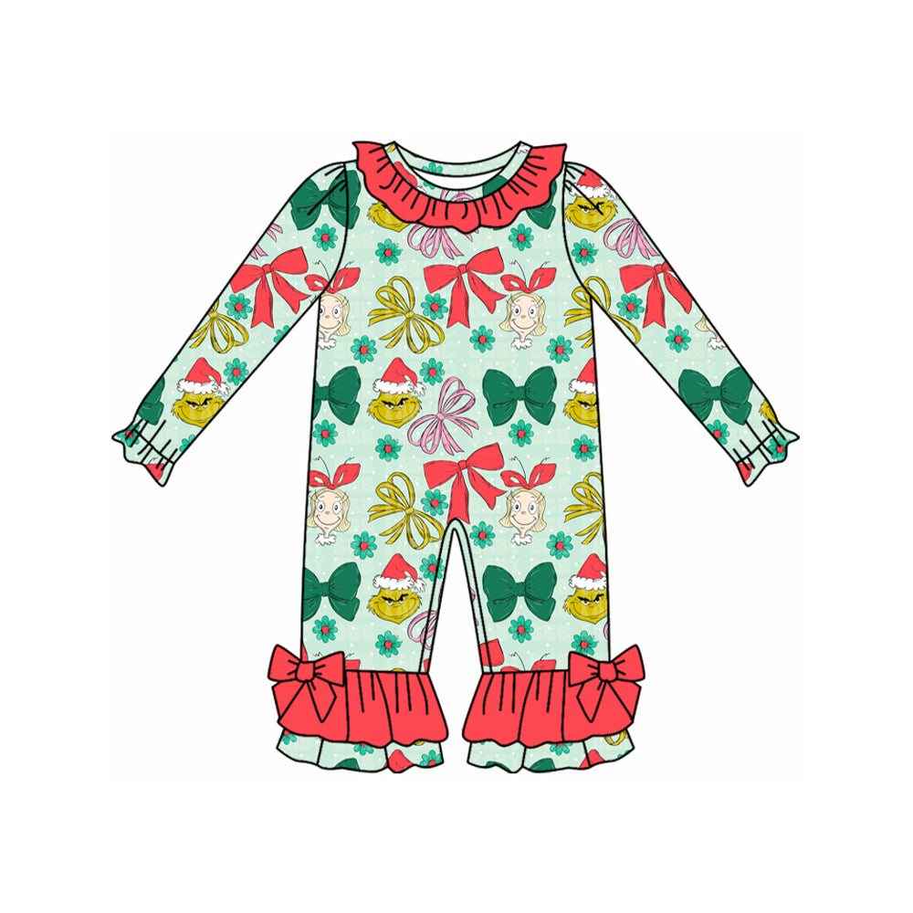 Custom moq 20 bamboo Christmas green face bows green long sleeve girls romper