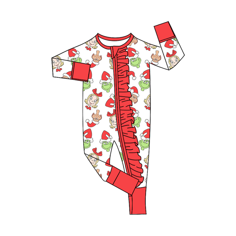 preorder LR2503 Christmas green face red long sleeve zipper girls romper