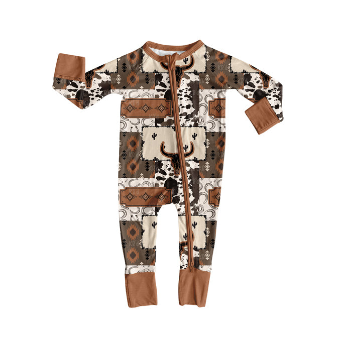 preorder LR2505 Western cow Aztec Brown zipper long sleeve girls romper