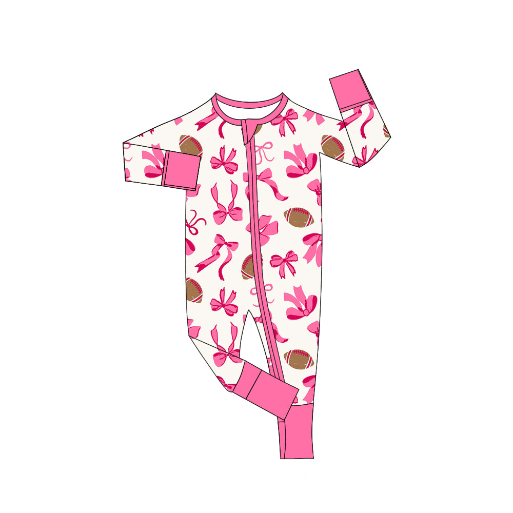 preorderLR2526 football hot pink bows zipper long sleeve girls romper