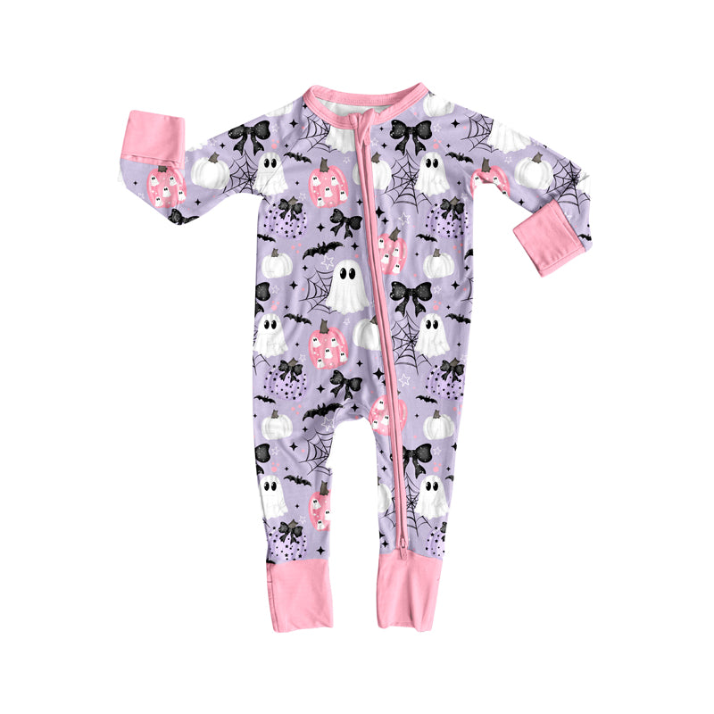 preorderLR2527 Halloween spooky pumpkin bows purple zipper long sleeve girls romper