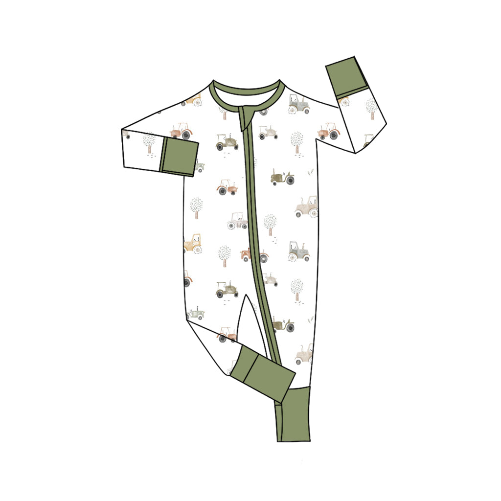 preorder LR2532 farm tractor green zipper long sleeve boys romper